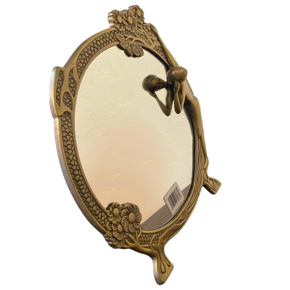 Vintage Art Nouveau Mirror / Oval Brass Framed Woman Lady by the Lake Art Deco